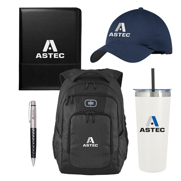 Notebook, pen, hat, tumbler, backpack