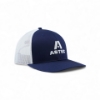 Slightly tilted front angle of Astec Navy Blue Trucker Hat highlighting embroidered logo and two-tone design.