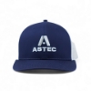 Front view of Astec Navy Blue Trucker Hat showing centered embroidered Astec logo on navy panel and flat bill.