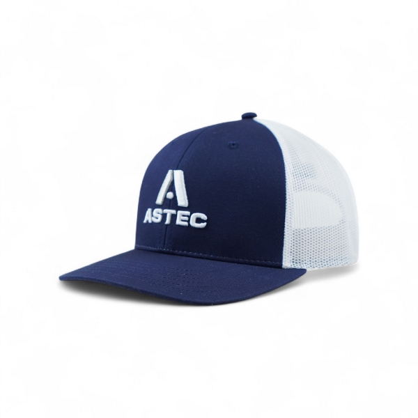 Angled front view of Astec Navy Blue Trucker Hat featuring embroidered Astec logo on navy front and white mesh back.